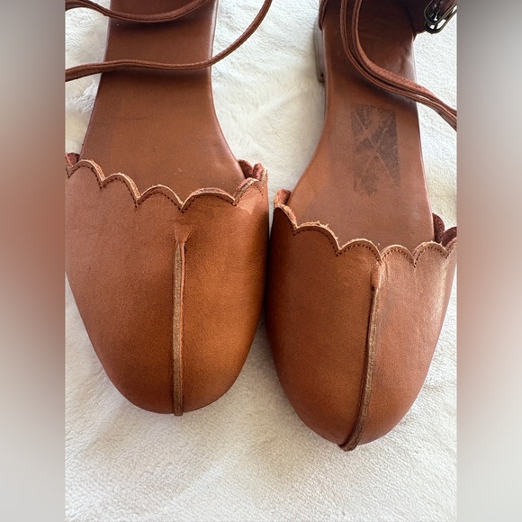 ELF Scalloped Tan Leather Flats. Double Ankle Strap. - Picture 3 of 16